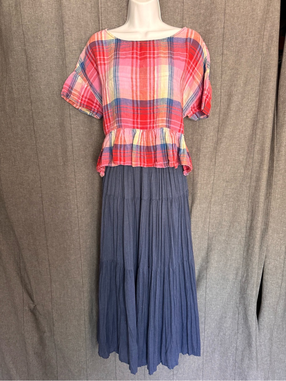 C&C California Linen Pink Plaid Peplum Top Large & Cactus Flower Denim Skirt OS